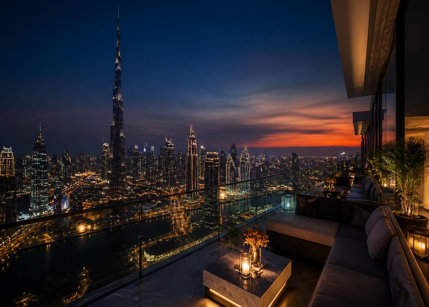 Vista noturna de Dubai a partir de uma varanda de cobertura