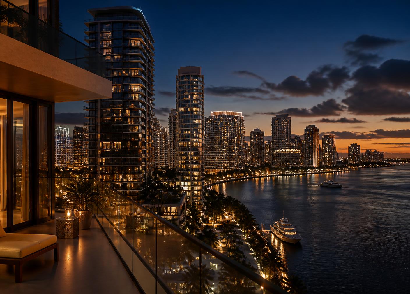 Vista de uma varanda de cobertura em Miami ao anoitecer, com skyline e brilho âmbar no horizonte