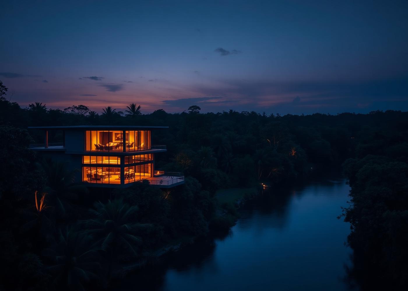 Residência contemporânea de alto padrão à beira de um rio na região amazônica ao anoitecer