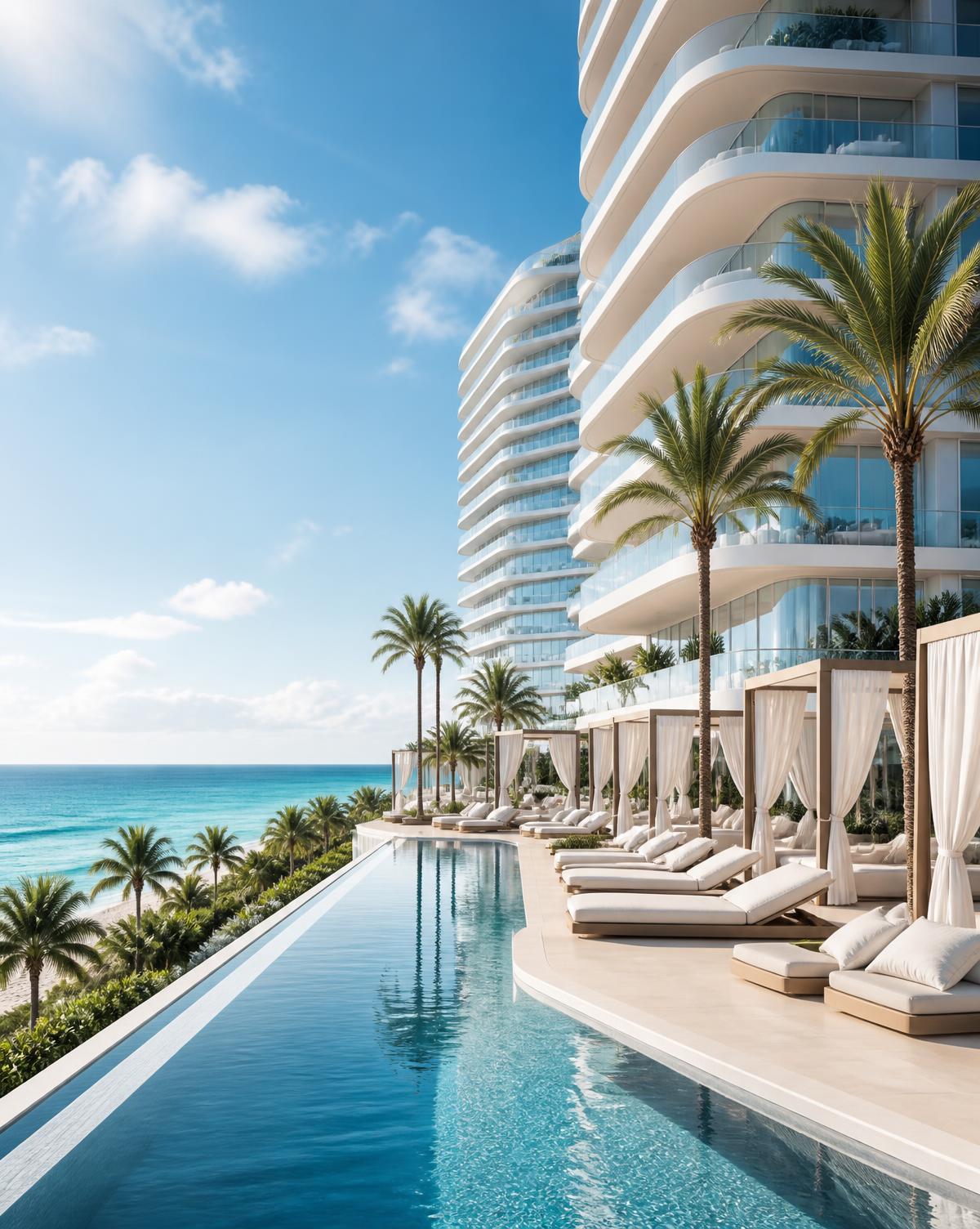 Torre residencial de altíssimo padrão à beira-mar em Miami com piscina de borda infinita e palmeiras
